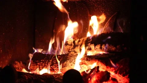 Close up on big flames from burning fireplace. Video stock 148234909