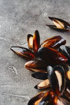 Close-up of big group raw fresh mussels on grey background Stock Photos