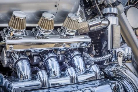 Close up of a big motorcycle chrome engine Stock Photos