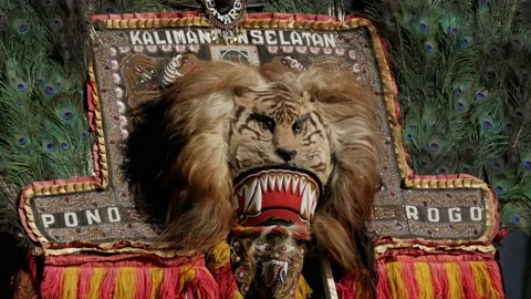 Close up of big tiger head mask ornamented with peacock feather Stock-Footage 130597749