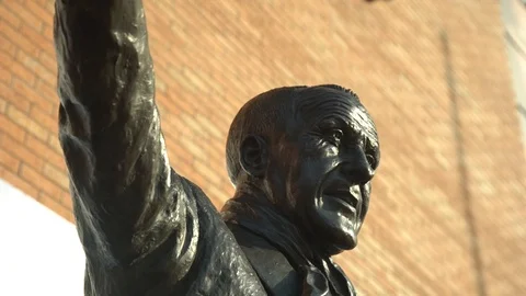 Close up of the Bill Shankly statue at Anfield Stadium, Liverpool Football  Stock Footage