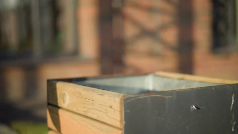 Close up bin catching thrown cigarette butt in urban outdoor setting Video stock 307066348