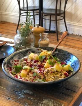 Close up of bircher muesli in a rustic cafe Stock Photos