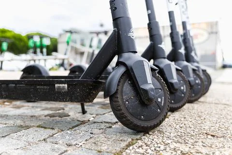 Close-up of BIRD brand carsharing E-Scooter in Lisbon Stock Photos