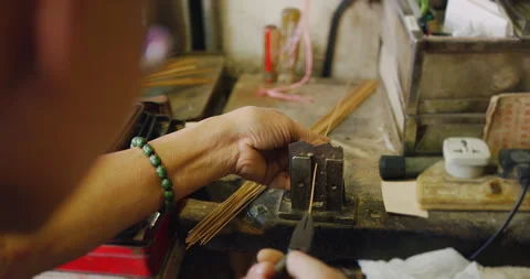 Close up of a bird cage artisan, working, a master in making hand made bird cage Stock Footage 201097085