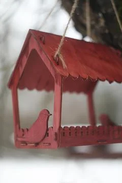Close-up of a bird feeder on a tree under the snow in the forest. Stock Photos