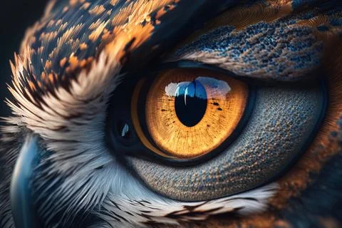 A close up of a bird's eye with a yellow iris and black feathers realistic .. Stock Illustration
