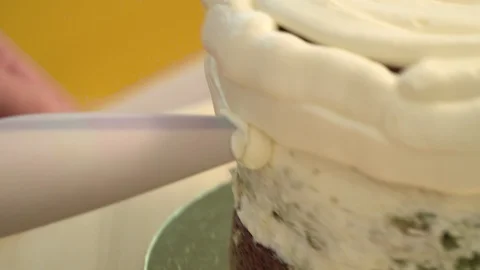 Close-up: biscuit cream in the form of a spiral on the cake. Chocolate sponge Stock Footage 87048843