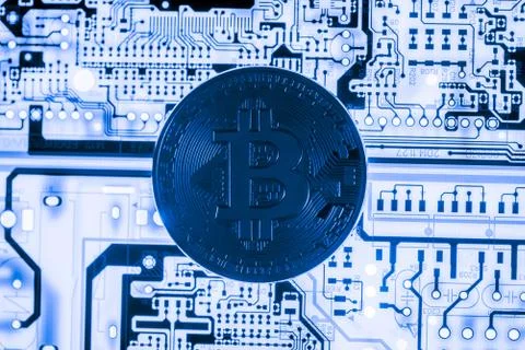 Close up of Bitcoin money mining connect Internet Network Stock Photos