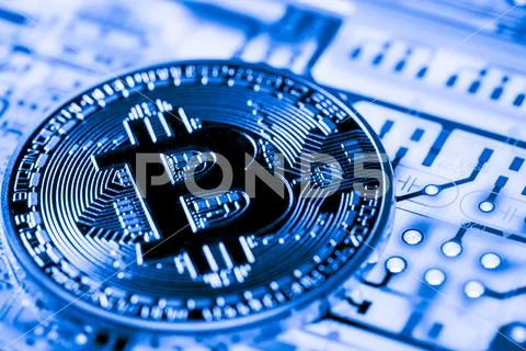 Close up of Bitcoin money mining connect Internet Network Stock Photos