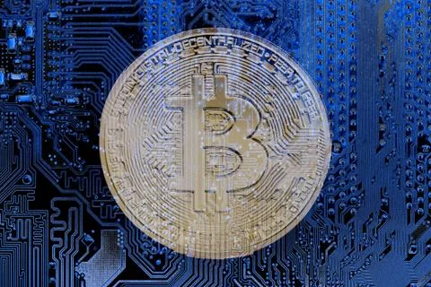 Close up of Bitcoin money mining connect Internet Network Stock Photos