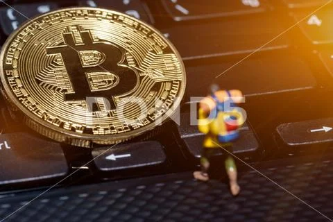 Close up of Bitcoin money mining connect Internet Network Stock Photos