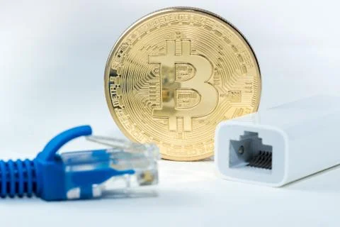 Close up of Bitcoin money mining connect Internet Network Stock Photos