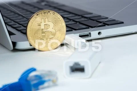 Close up of Bitcoin money mining connect Internet Network Stock Photos