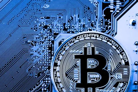 Close up of Bitcoin money mining connect Internet Network Stock Photos