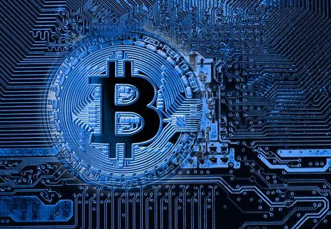Close up of Bitcoin money mining connect Internet Network Stock Photos