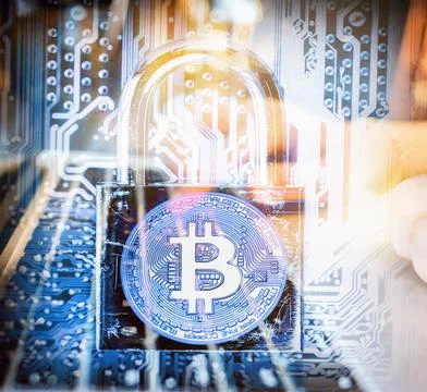 Close up of Bitcoin money mining connect Internet Network Stock Photos