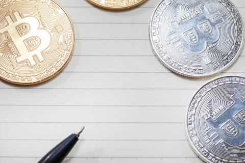 Close up of bitcoin on notebook, empty space Stock Photos