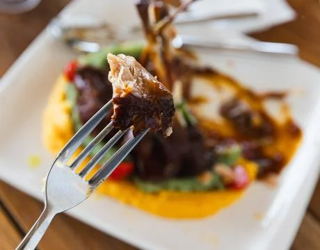 Close-up of a bite of roasted lamb rib meat held on a fork with a gourmet l.. Stock Photos