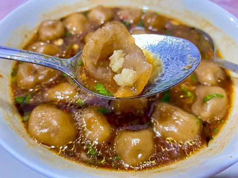 Close Up Bitten Cilok Tapioca Ball Showing Minced Meat Filling Stockfoto's