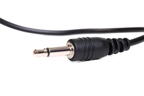 Close-up of black audio cable with 3.5mm jack plug Stock-Fotos