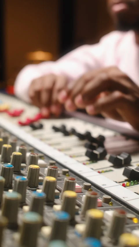 Close Up of a Black Audio Engineer Tweaking Knobs and Faders on Mixing Console Stock Footage 334397133