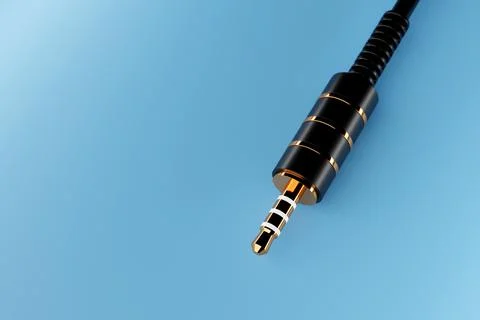 Close up of the black audio mini plug on blue isolated background . 3D illust Stock Illustration
