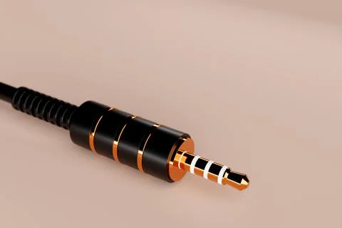 Close up of the black audio mini plug on beige  isolated background . 3D illu Stock Illustration