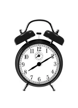 Close up of black bell clock (alarm clock) isolated on white background Stock Photos