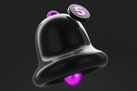 Close-up of black bell with message count icon on black background. 3d render Illustration