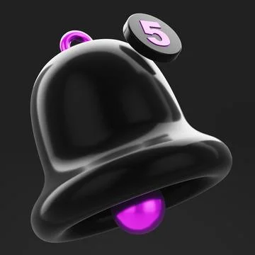 Close-up of black bell with message count icon on black background. 3d render Illustrazione stock