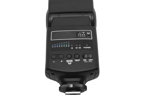 Close-up of a black camera flash speedlight back control panel with buttons.. Stock-Fotos