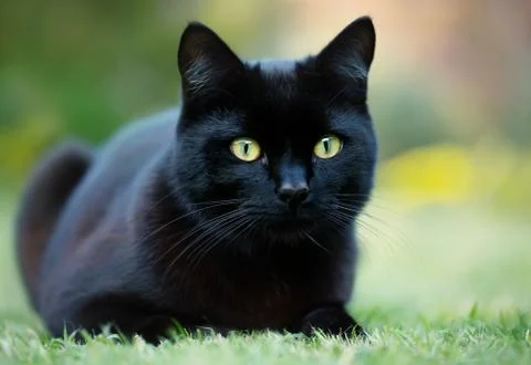 Close up of a black cat lying on the grass Stock Photos