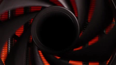 Close-up of a black computer cooling fan with orange backlighting Stock Footage 332636834
