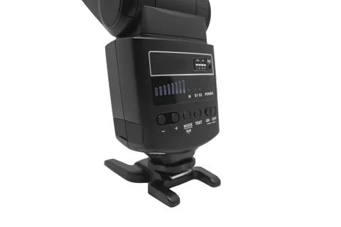 Close-up of a black external camera flash speedlight control panel and hot .. Stock Photos