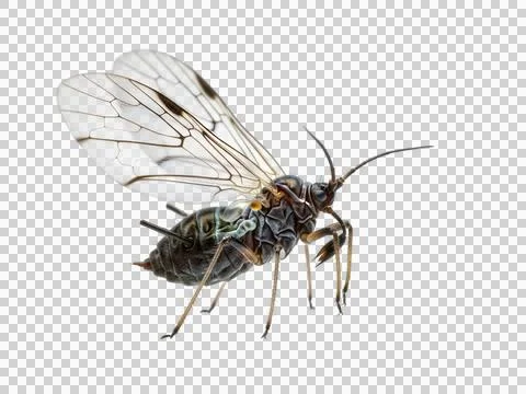 Close-up of a black fly on a white background isolated on white background Stock Photos