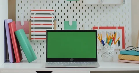 Close up of the black laptop computer with chroma key screen on the table with Stock Footage 104207797