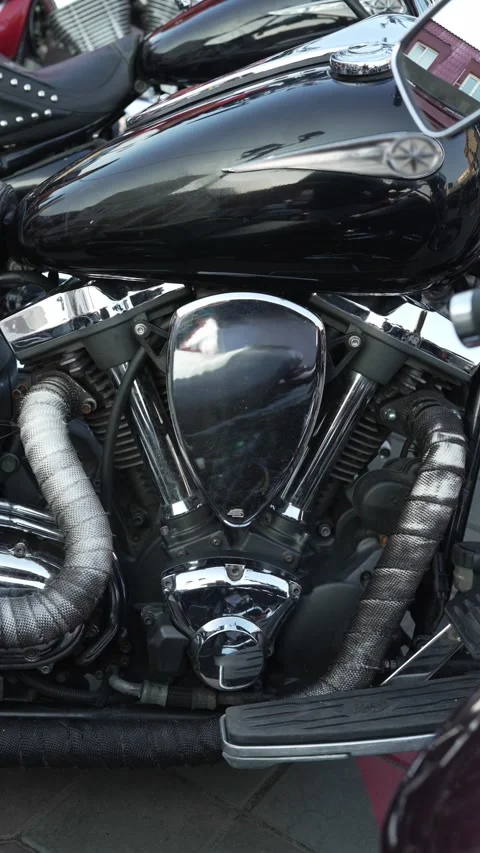 Close-up of a black motorcycle engine with chrome details. Stock Footage 341137658