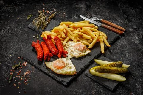 Close up of a black plate of fried egg with french fries. Fast food restaurant Stock Photos