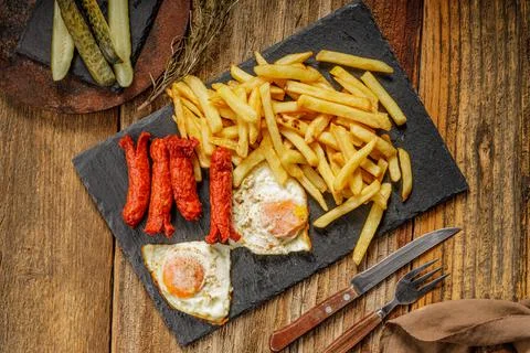 Close up of a black plate of fried egg with french fries. Fast food restaurant Stock Photos