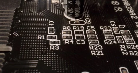 Close-up of black printed circuit board with metallic edge connector Stock Footage 336443153