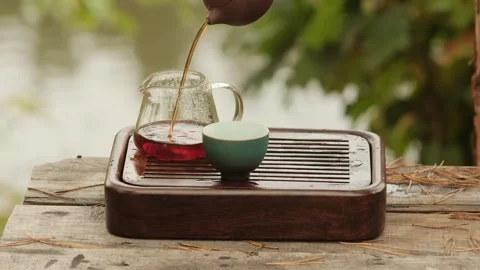 Close-up Black Tea Being Poured Into Tea Ware on Tea Tray Outdoors by Lake Video stock 295279688