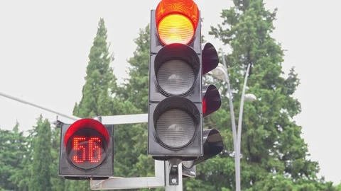 A close-up of a black traffic light counts down the time for pedestrians with a Stock Footage 218950825