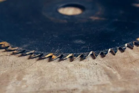 Close-up blade circular saw on the background of the wooden table. Workshop f Stock Photos