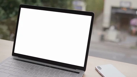 Close Up Blank Computer Laptop Office Desk Business White Notebook Background Stock Footage 98963690