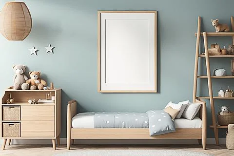 Close up blank frame mockup on shelf in the children room. frame mockup des.. Stock Photos