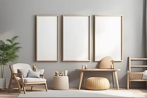 Close up blank frame mockup on shelf in the children room. frame mockup des.. Stock Photos