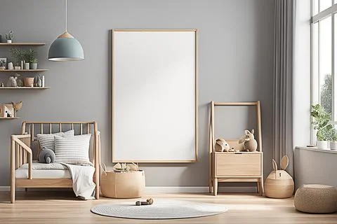 Close up blank frame mockup on shelf in the children room. frame mockup des.. Stock Photos