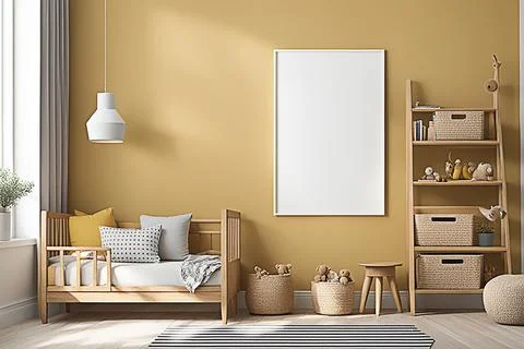 Close up blank frame mockup on shelf in the children room. frame mockup des.. Stock Photos