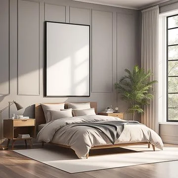 Close up blank frame mockup on shelf in the bed room. frame mockup design f.. Stock Photos